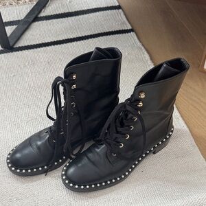 Stuart Weitzman Black Pearl-Embellished Combat Boots